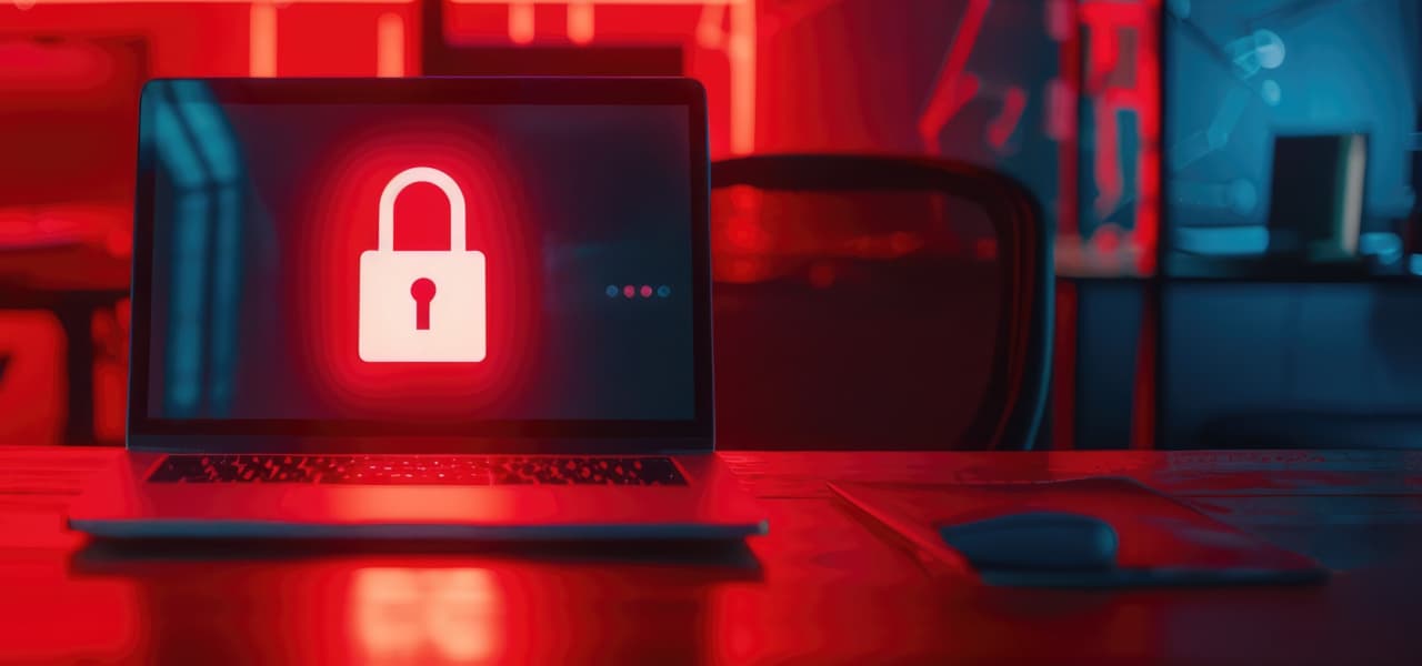 Laptop mit Schlosssymbol auf rotem Hintergrund | Motiv ©Gucks-stock.adobe.com | © stock.adobe.com, Oktober 2024