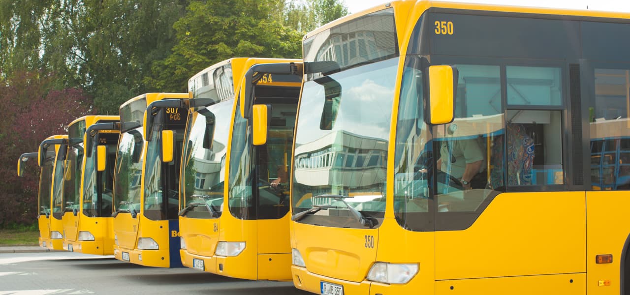 Gelbe Busse parken nebeneinander auf einem Parkplatz. | Motiv © Kzenon - stock.adobe.com | © stock.adobe.com, Februar 2021