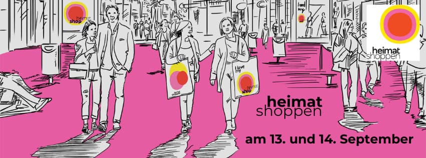 Banner "heimat shoppen", gezeichnete Personen vor pinkem Hintergrund | Motiv Banner Heimat shoppen pink | © IHK Saarland, September 2024