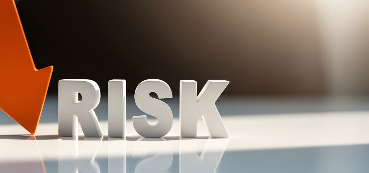 Risiko | Motiv ©Rezmin-stock.adobe.com | © stock.adobe.com, Juni 2026 Eine Hand hält einen orangefarbenen Pfeil, der auf einem weißen Schreibtisch nach unten auf einen Textblock zum Thema „Risiko“ zeigt. | Motiv ©Rezmin-stock.adobe.com | © stock.adobe.com, Juni 2026