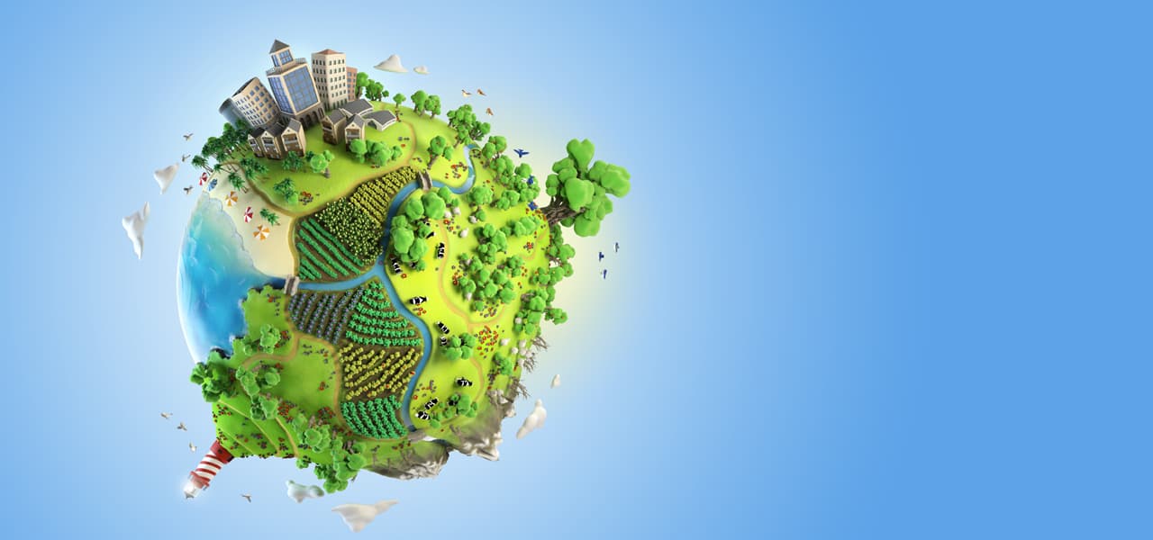 A Header Umwelt 2 (jpg) | Motiv ©arquiplay77 - stock.adobe.com | © stock.adobe.com, Dezember 2020 Grüner Planet mit Feldern, Bäumen, Häuser und Wasser auf hellblauem Hintergrund | Motiv ©arquiplay77 - stock.adobe.com | © stock.adobe.com, Dezember 2020