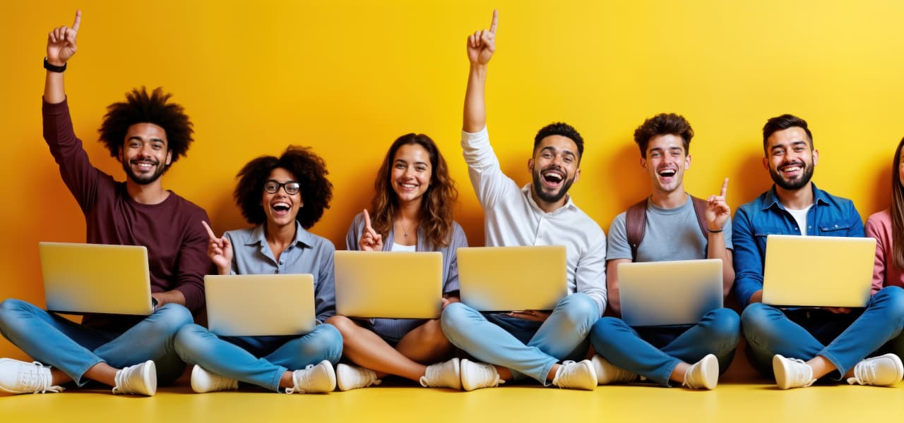 A Ausbildung 9 Header (jpg) | Motiv @miss irine - stock.adobe.com | © stock.adobe.com, Mai 2025 Junge Menschen sitzen mit Laptops auf einem leuchtend gelben Boden. Sie sehen glücklich aus und freuen sich. | Motiv @miss irine - stock.adobe.com | © stock.adobe.com, Mai 2025