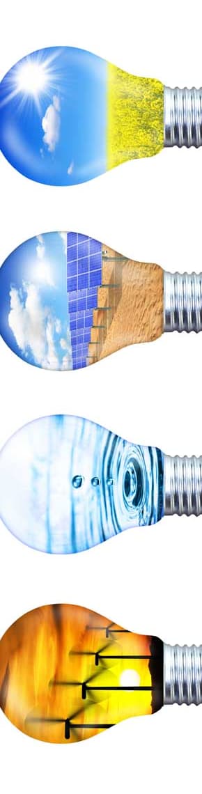 Brückenseite Umwelt Energie 1 (jpg) | Motiv ©Thaut Images - stock.adobe.com | © stock.adobe.com, September 2020 Glühbirnen, in denen die alternativen Energiequellen Wind, Wasser, Photovoltaik und Sonne eingeblendet werden. | Motiv ©Thaut Images - stock.adobe.com | © stock.adobe.com, September 2020