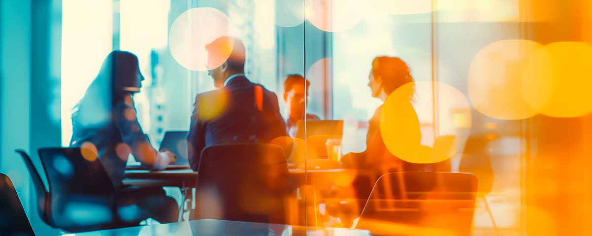 Meeting | Motiv ©stock.adobe.com - mozZz | © stock.adobe.com, Oktober 2024 vier Personen in einem Meetingraum hinter einer Glasscheibe mit Reflexionen | Motiv ©stock.adobe.com - mozZz | © stock.adobe.com, Oktober 2024