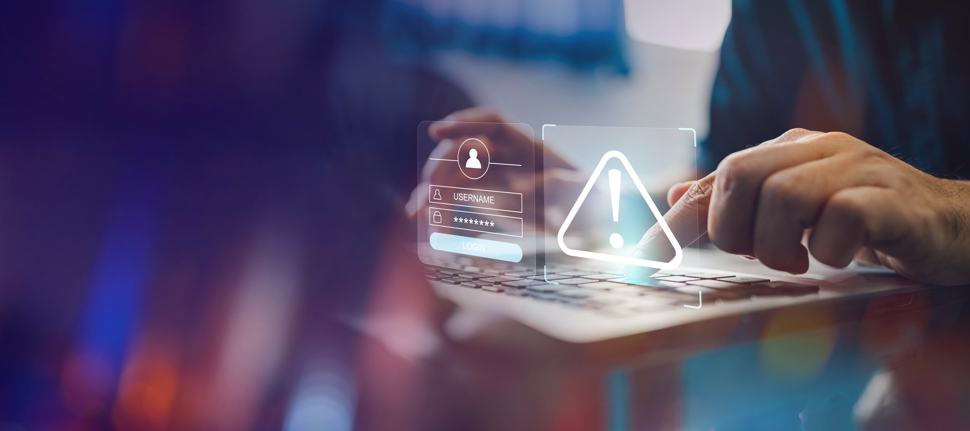 Phishing Warnung | Motiv ©nateejindakum - stock.adobe.com | © stock.adobe.com, August 2026 Unscharfe Tastatur davor wie ein Hologramm ein Achtung-Zeichen und ein Anmeldefeld | Motiv ©nateejindakum - stock.adobe.com | © stock.adobe.com, August 2026