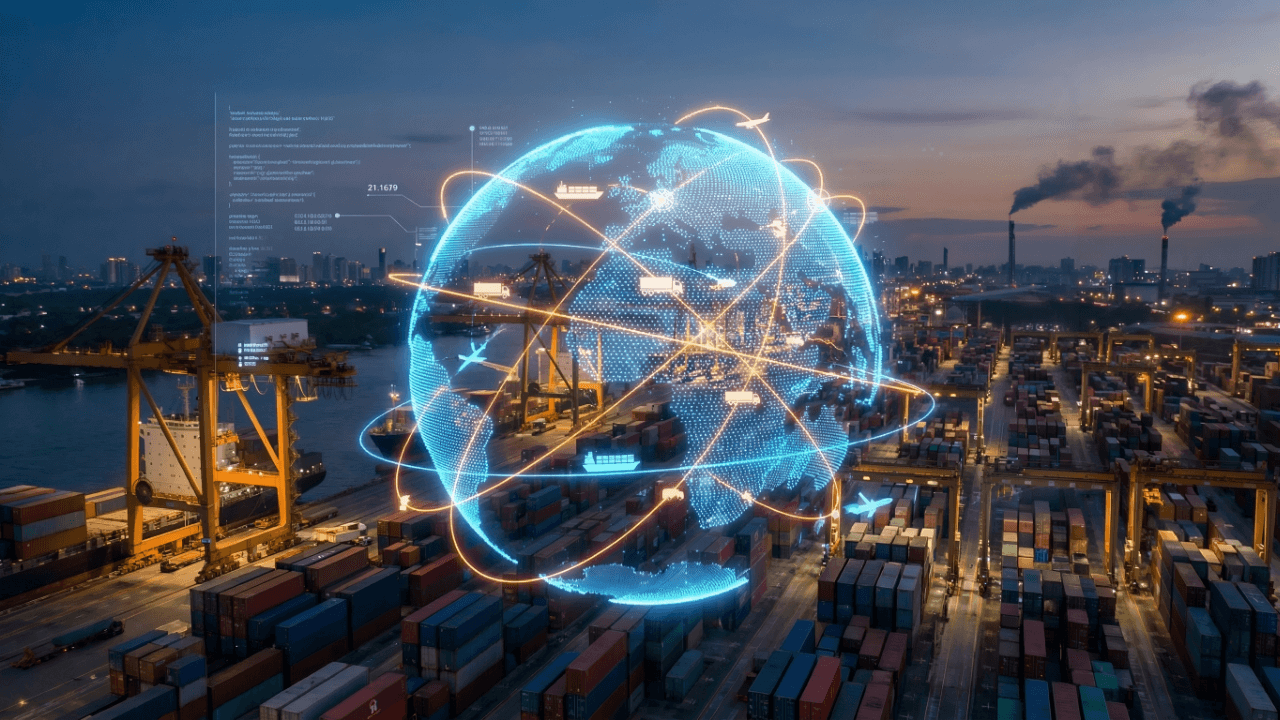 Exportforum | Motiv Praphapan-stock.adobe.com | © stock.adobe.com, September 2026 digitale Weltkugel vor Export/Importhafen bei Nacht beleuchtet | Motiv Praphapan-stock.adobe.com | © stock.adobe.com, September 2026